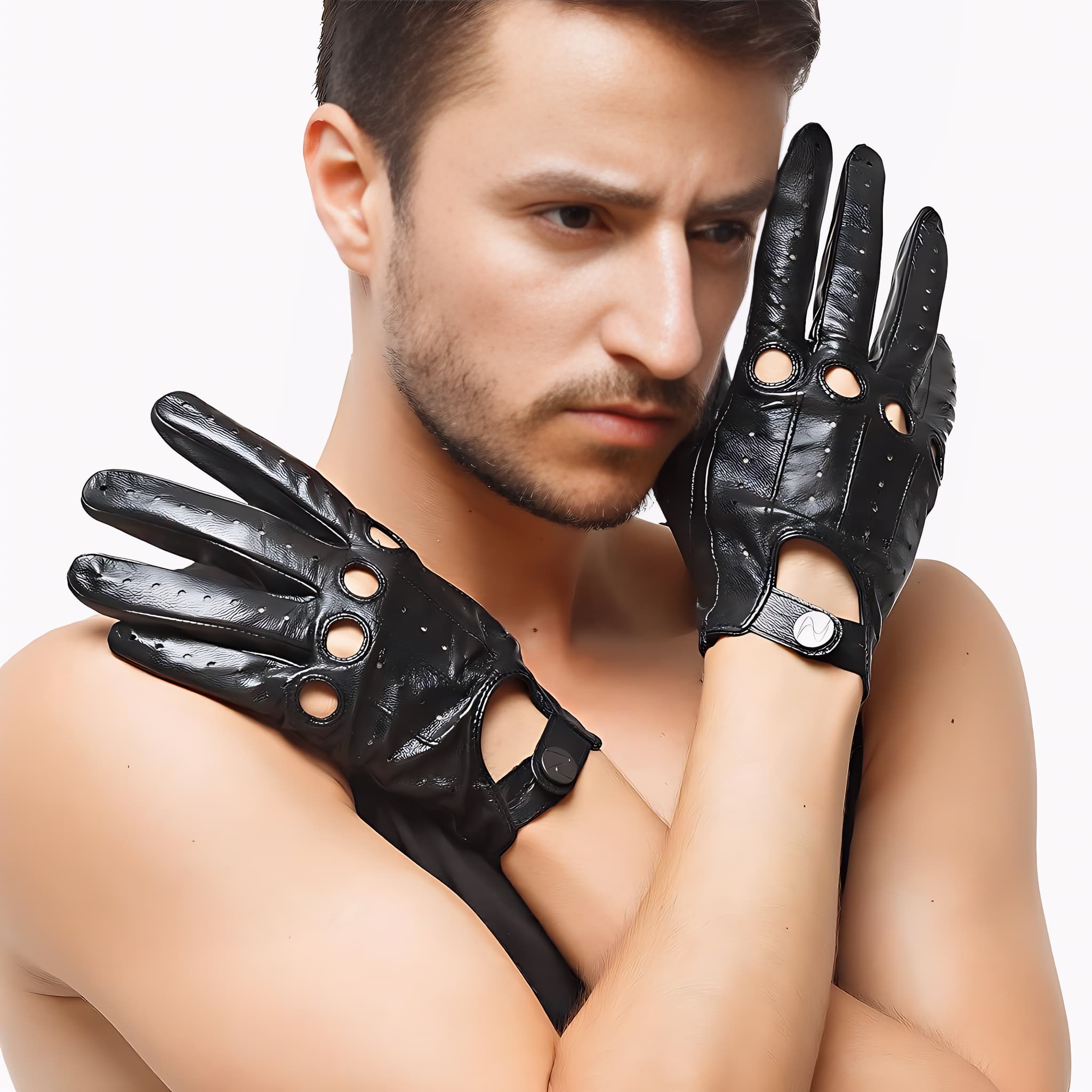 Black leather fetish gloves